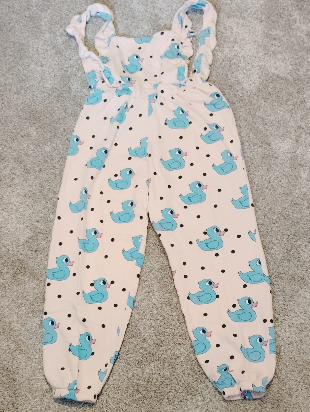 Girls Pink Overalls with Blue Duck Print